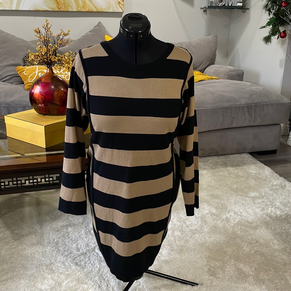 Black and tan stripe knit dress by Nina Leonard